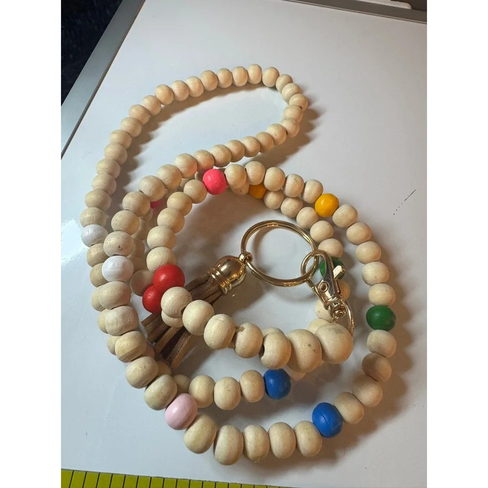 Natural Wood Beaded Lanyard Keychain with Colorful Accents and‎ Tassel Gold Tone